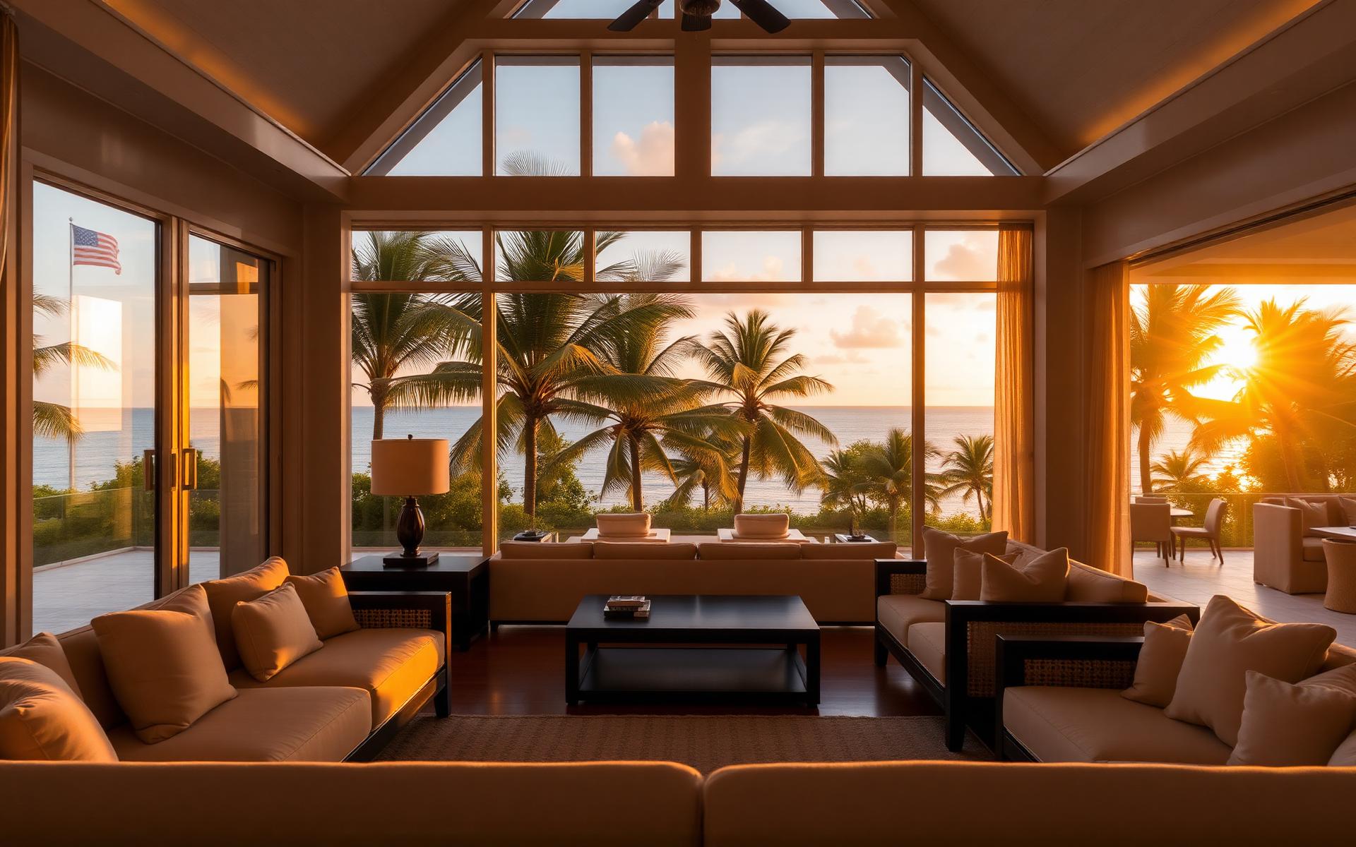 Oceanfront Caribbean villa interior at sunset