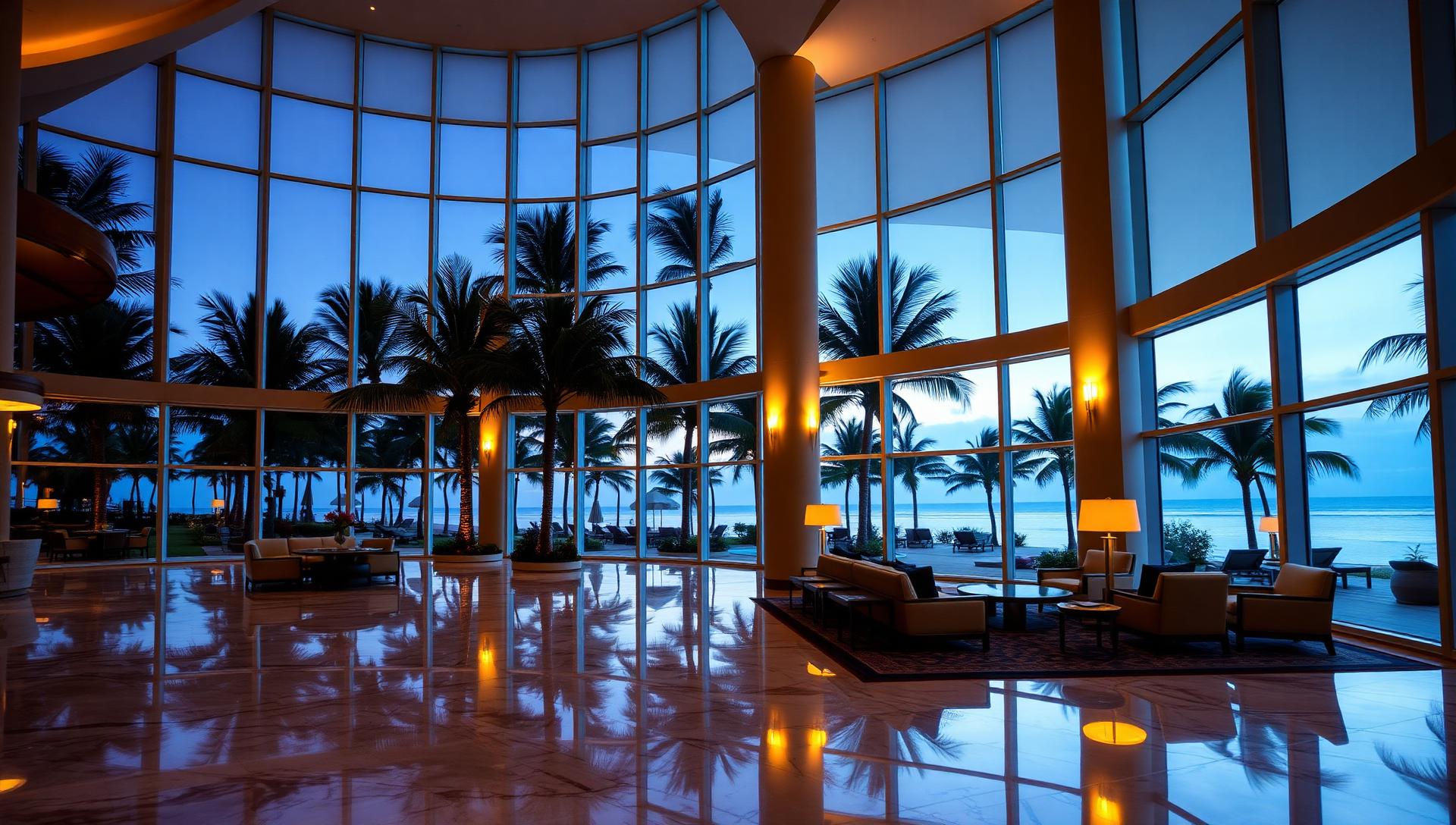 Luxury Caribbean resort lobby at dusk